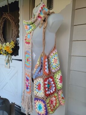 Tricia Fix Multicolor Crochet Granny Square Tote w/scarf Set  Sample NO TAGS